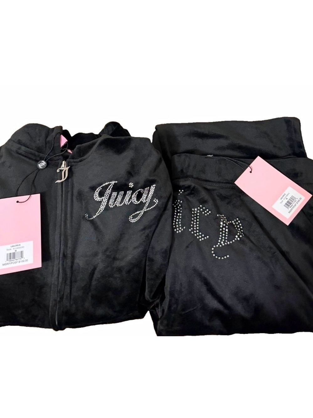 Juicy Couture licorice Black Velour Rhinestone Tracksuit Set M NWT